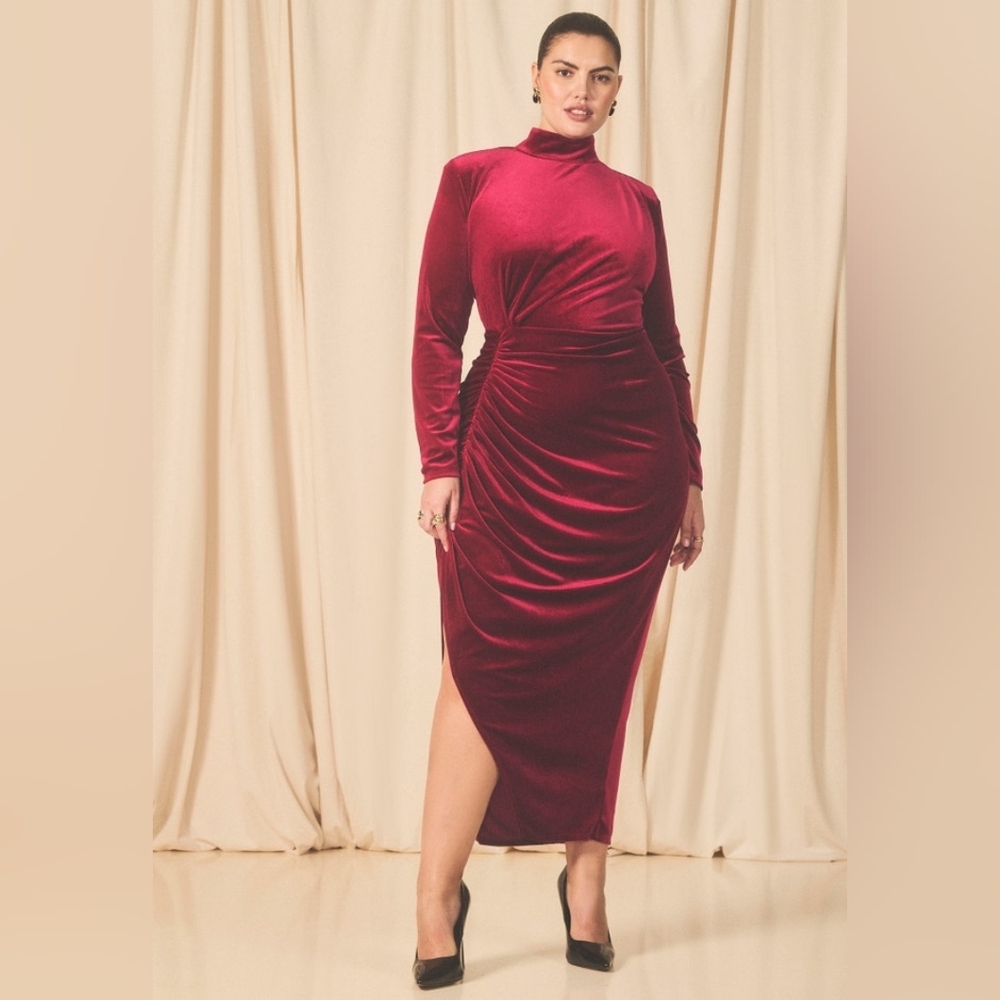 Eloquii RED Mock Neck Velvet Dress With Slit Size: 16